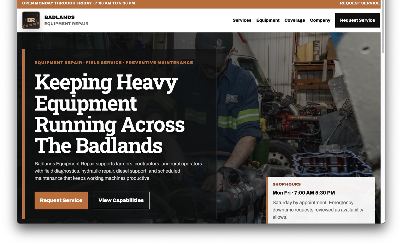 Badlands Equipment Repair demo website preview